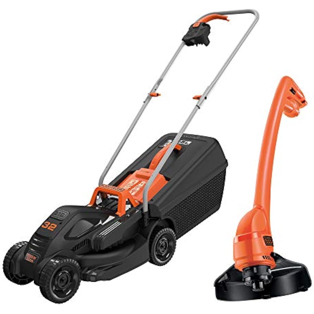Black+Decker BEMW351GL2 Electric Lawnmower/Trimmer Kit (1,000 W, 32 cm Cutting Width, Triple Axial Cutting Height Adjustment, 35 L Grass Catcher Container, Includes 200 W Single-Handed Grass Trimmer)