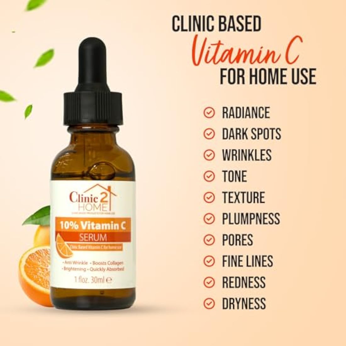 Clinic2Home Vitamin C Serum for Face - Powerful 10% Vit C Serum for Dark Spots, Wrinkles & Fine Lines - Anti Aging, Collagen Boosting & Skin Brightening Pure Vitamin C Facial Serum Skin Care