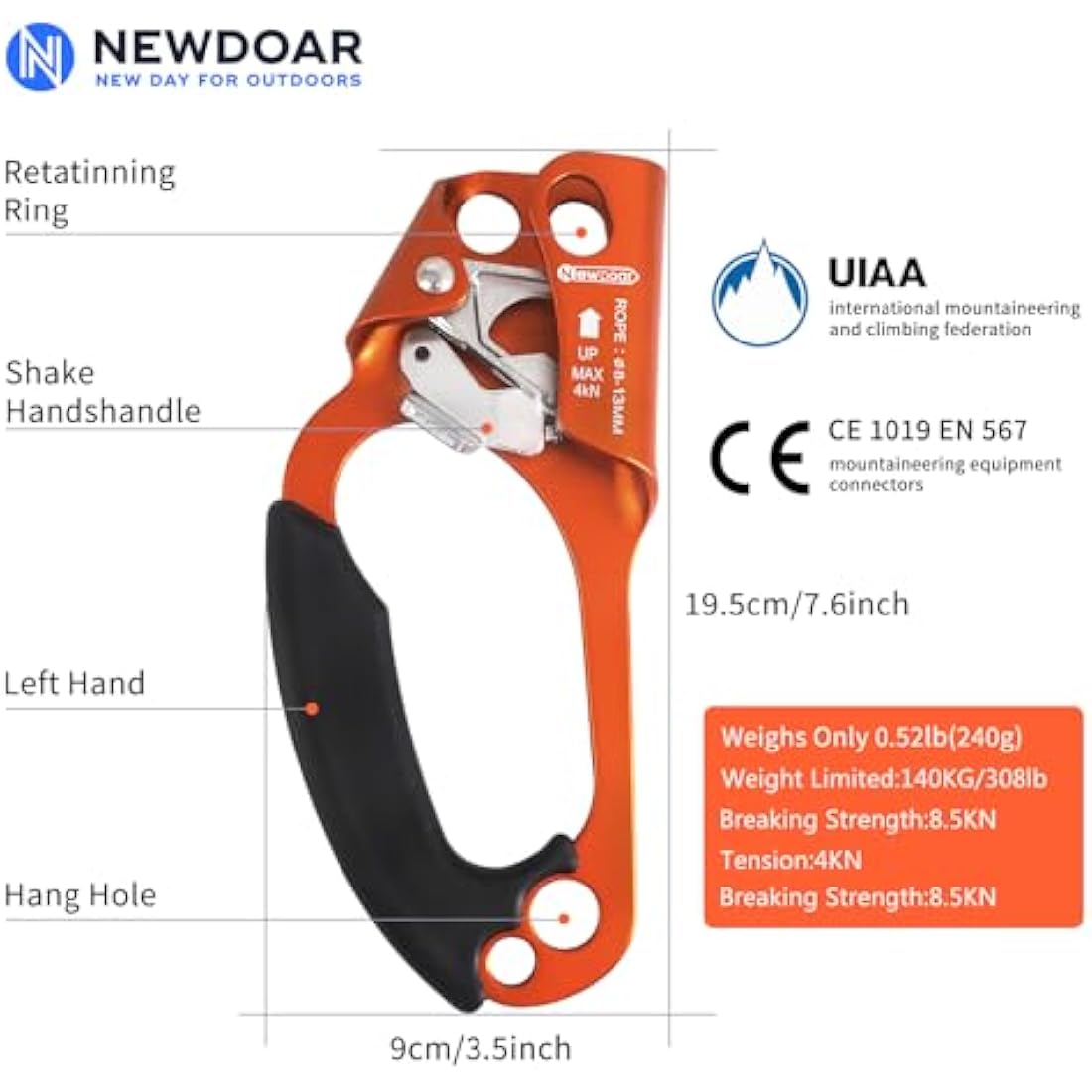 NewDoar UIAA & CE Certified Hand Ascender Rock Climbing Tree Arborist Rappelling Gear Equipment Rope Clamp for 8~13MM Rope