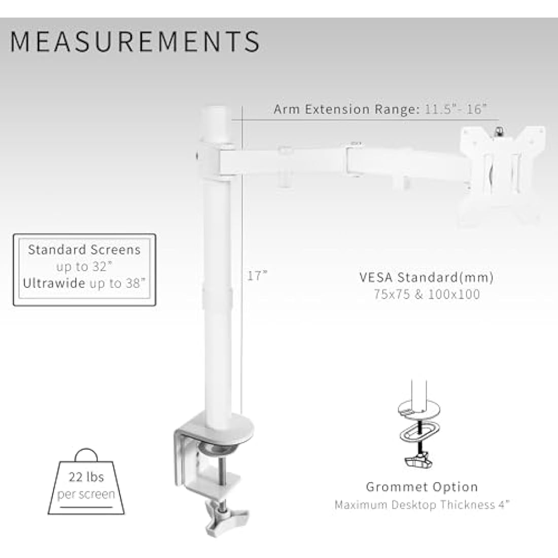 VIVO Single Monitor Arm Desk Mount, Holds Screens up to 32 inch Regular and 38 inch Ultrawide, Fully Adjustable Stand with C-Clamp and Grommet Base, VESA 75x75mm or 100x100mm, White, STAND-V001W