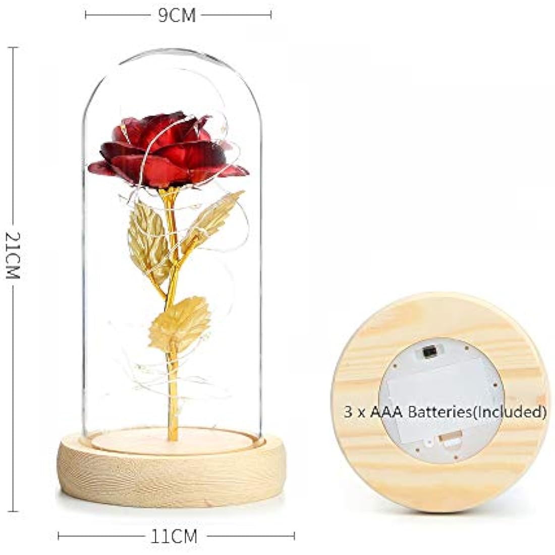 TINYOUTH 24K Red in Glass Dome, Gold Plated Light Up Rose Batteries Included Rose Gifts for Women/Her/Mum Wedding Anniversary Valentines Birthday Xmas