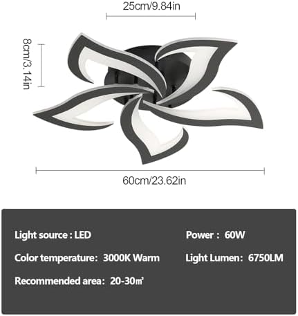 Comely Modern LED Ceiling Light, 60cm 60W 6750LM LED Chandelier, Modern Flower Acrylic Lamp for Bedroom, Living Room, Warm White Light 3000K, Black