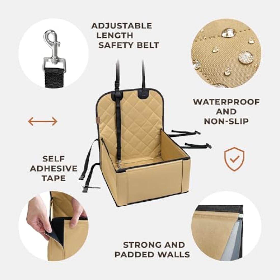 Wuglo Extra Stable Dog Car Seat - Robust Car Dog Seat or Puppy Car Seat for Small to Medium-Sized Dogs - Reinforced Walls and 3 Belts - Waterproof Pet Car Seat for Back and Front Seat (Beige)