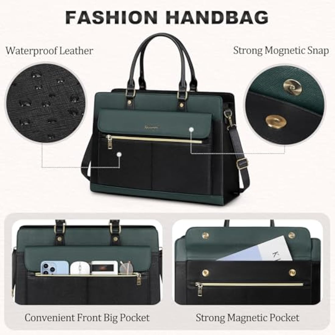 RAINSMORE Laptop Bags Handbags for Women 15.6 Inch PU Leather Large Tote Bag Work Bag with Clutch Bag Designer Women's Bags Ladies Laptop Handbag for School Green