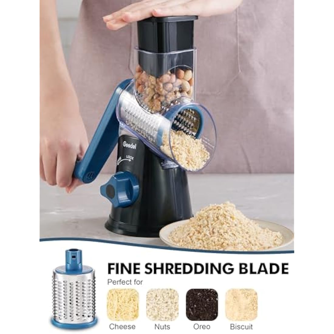 Geedel Rotary Cheese Grater, Vegetable Slicer with 3 Drum Blades, Grater for Kitchen Faster and Easy Cutting, Rotary Drum Grater Ideal for Cheese, Cucumber, Carrot, Potato etc