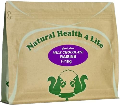 Natural Health 4 Life Milk Chocolate Raisins 1kg – Chocolate Covered Raisins in in Resealable Pouch, 4.8g Protein/100g, Gluten Free & Vegetarian, Ideal for Parties, Baking & Events, UK Made (1 Pouch)