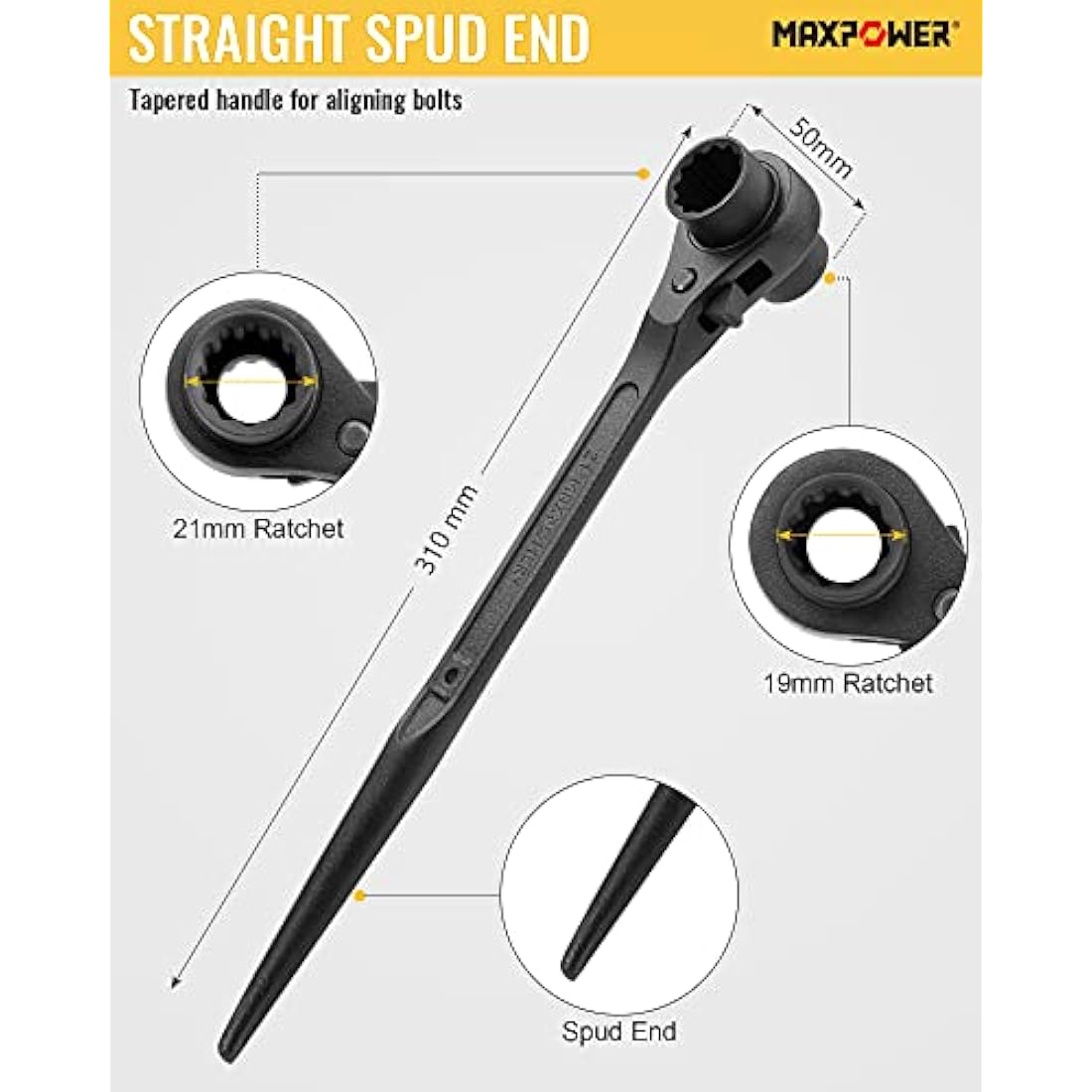 MAXPOWER Spud Ratchet Set 2PCs, Straight Spud Scaffold Spanner Wrench 19mm x 21mm & Offset Spud Ratchet Podger Spanner 17mm x 19mm
