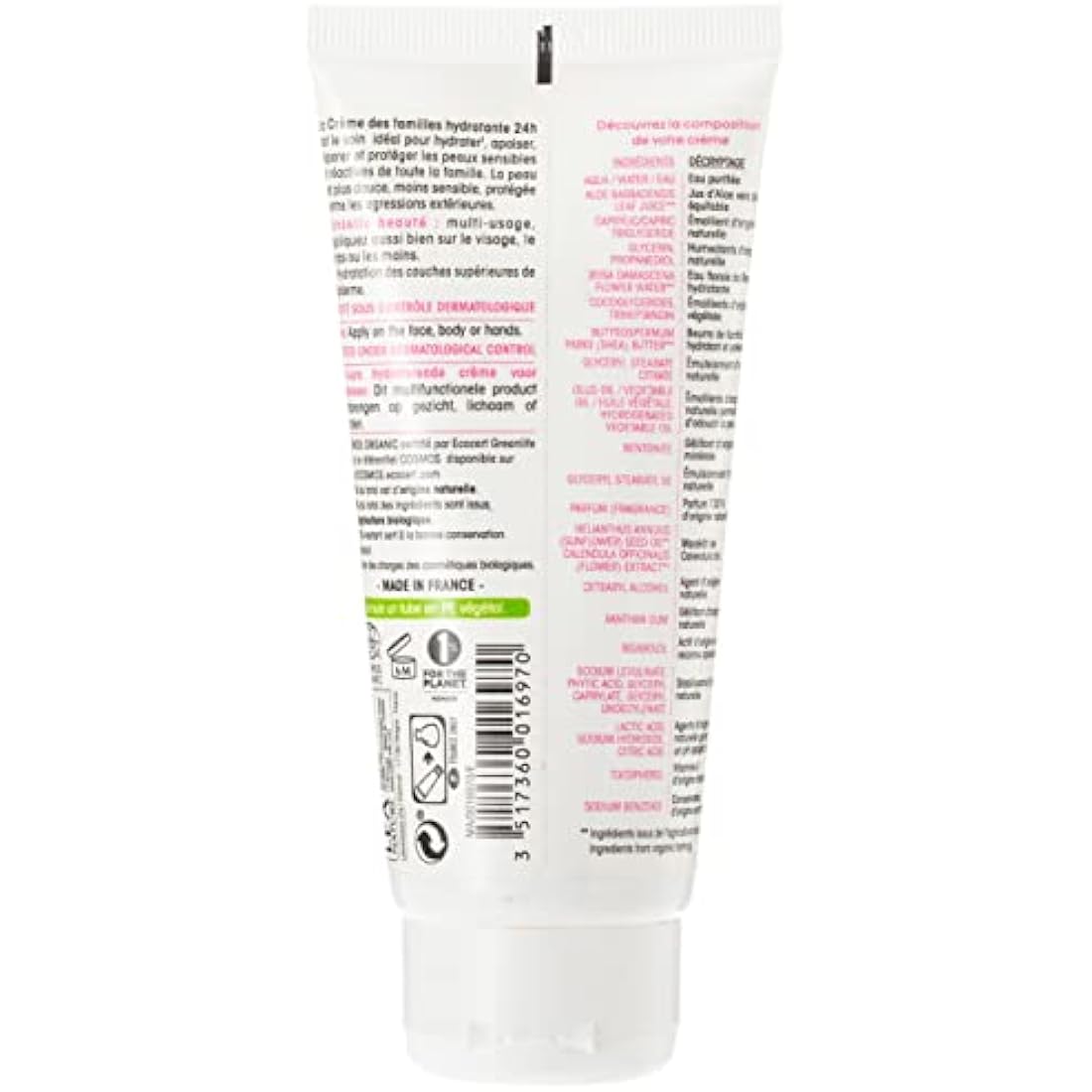 SO'BiO étic Hydra Aloe Vera 24 Hours Hypoallergenic Sensitive and Reactive Skin Cosmebio Moisturizing Family Cream, 100 ml