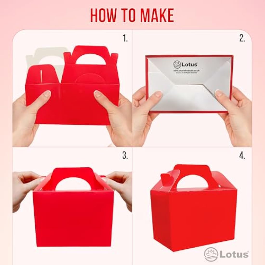 Lotus 50 x Children/Kids Plain Coloured Party Boxes Carry Food Meal Fun Picnic Birthday Wedding Favour/Baby Shower Party Halloween Trick or Treat Box Loot Bag (Red)