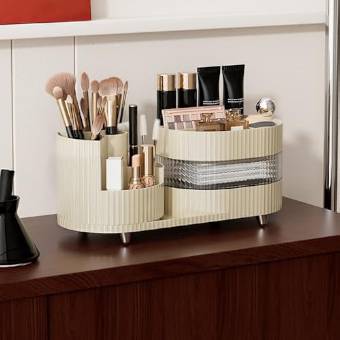 DASITON Makeup Organiser, 360° Rotating Makeup Brush Holder, Large Capacity Cosmetic Display Case Dressing Table Organiser, Makeup and Skincare Storage Organiser for Vanity, Bathroom, Desk (Cream 02)