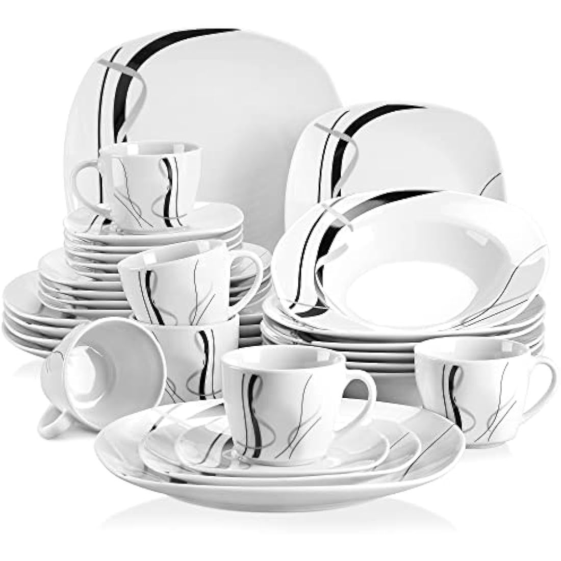 VEWEET 'Fiona' 30-Piece Dinner Set Ivory White Black Lines Porcelain China Ceramic Combination Sets with Dessert Plates/Soup Plates/Dinner Plates/Cups/Saucers, Service for 6