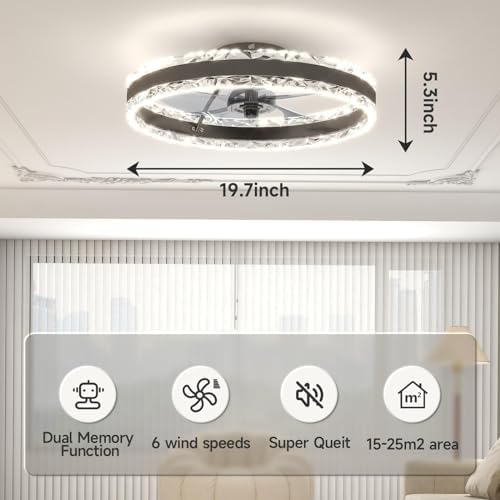 VOLISUN Ceiling Fans with Lights and Remote, 50cm Modern Smart LED Ceiling Fan Light, 6 Speeds and 3000K-6500K Dimmable Quiet Fan Ceiling Lights for Bedroom Living Room Dining Room (Black)