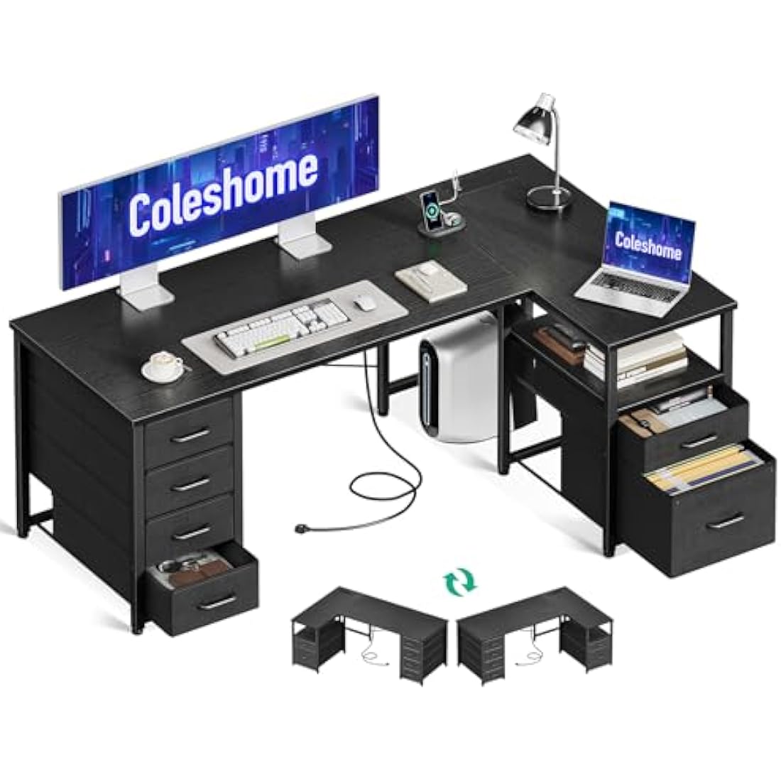 Coleshome Computer Corner Desk with Drawers, 140×70 cm L Shaped Office Desk with Power Outlet, Reversible Study PC Table with Storage for Bedroom, Black