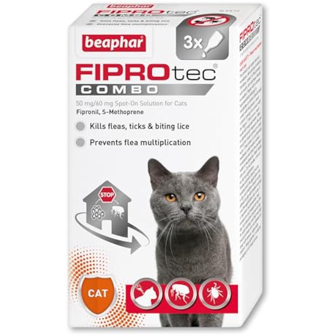 Beaphar - FIPROtec® COMBO for Cats – 3 pipettes - Kills Fleas, Flea Eggs, Flea Larvae & Ticks - Stops Fleas Multiplying on Pet and in Home - Vet Strength Cat Flea Treatment