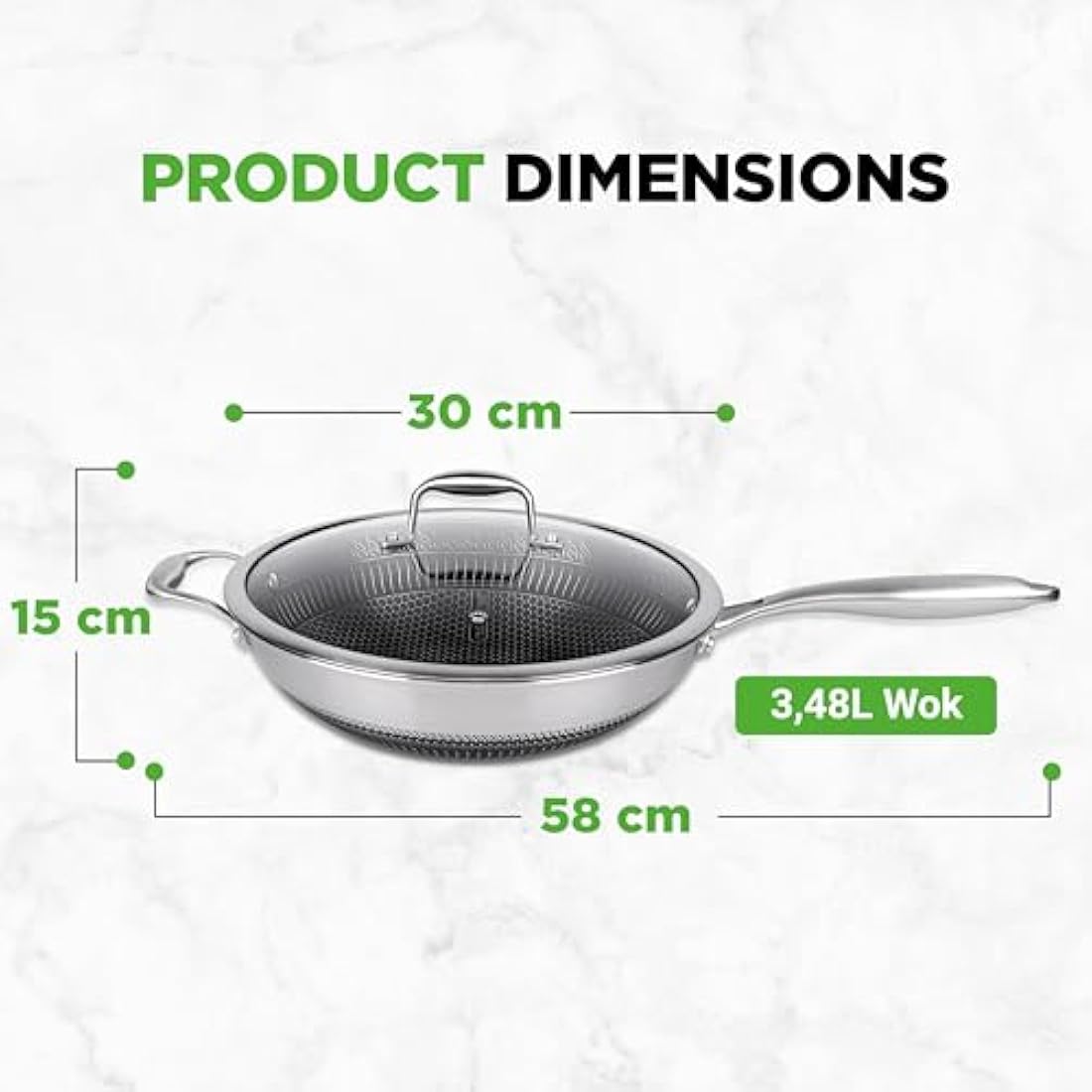 Nutrichef Nonstick Wok with Glass Lid – 30cm Hex Stainless Steel Stir Fry Cookware, Induction Compatible, Honeycomb Pattern, Scratch-Resistant, Deep Sauté Style, 12" Wok