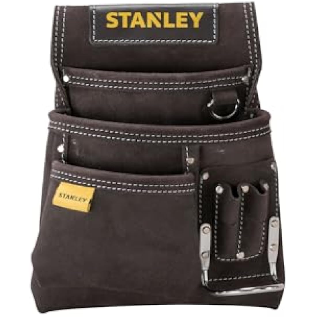 STANLEY Leather Tool Pouch, Double Pocket Storage Organiser, Hammer Loop, STST1-80114 Dark Brown One Size