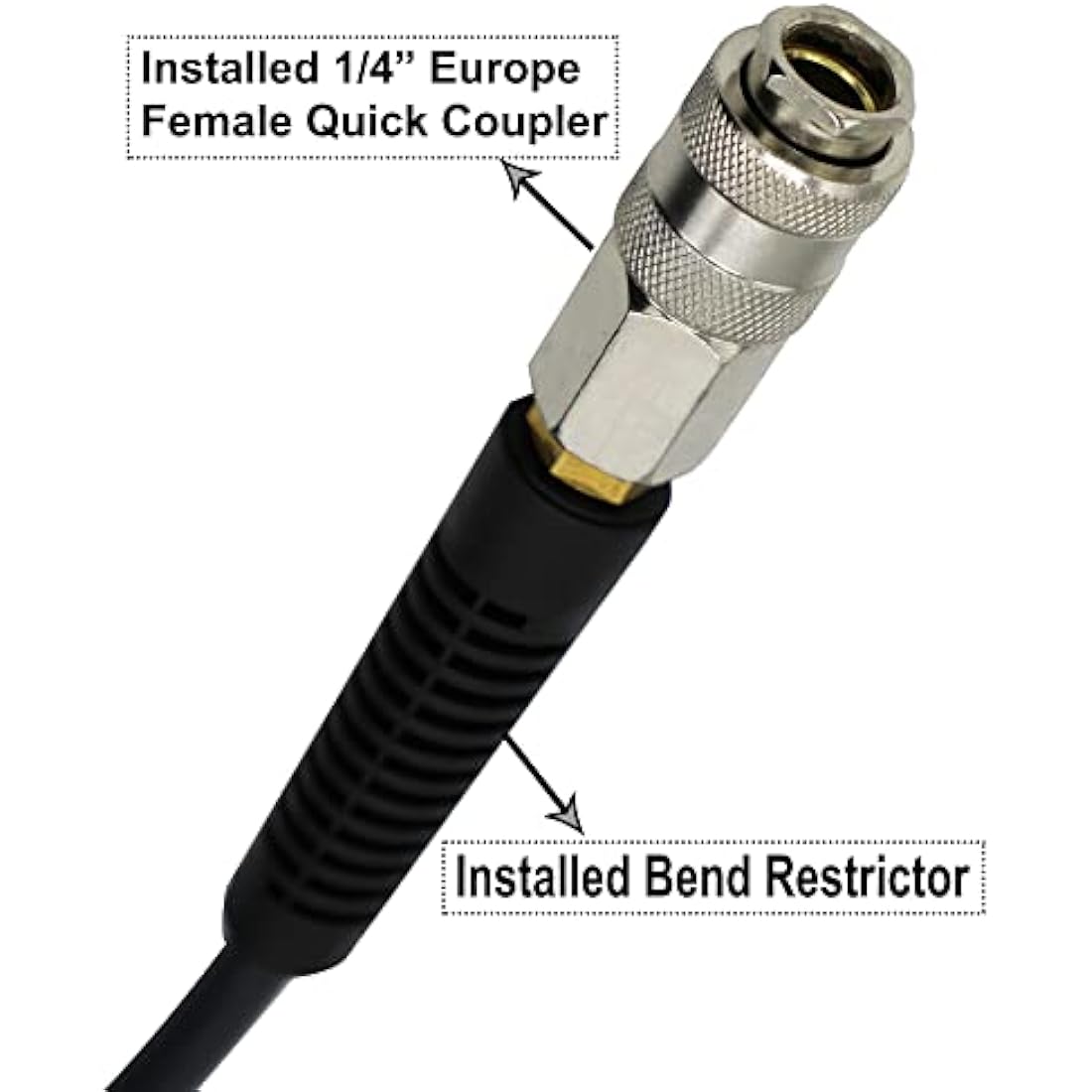 YOTOO Air Compressor Hose Polyurethane Recoil 15m Long 6mm ID x 9.5mm OD with Bend Restrictor, 1/4" Europe Quick Coupler and Plug, Gray