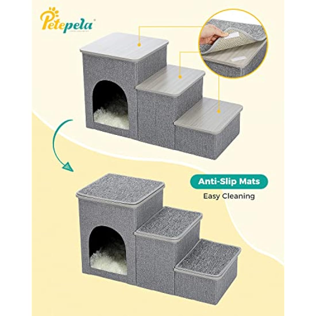 PETEPELA Dog Steps for Bed, 3 Steps for Dog Step for Sofa with Storage for Small Dogs for Bed, Foldable Pet Stairs for Couch and High Bed Hold up to 30KG, Wood Grey