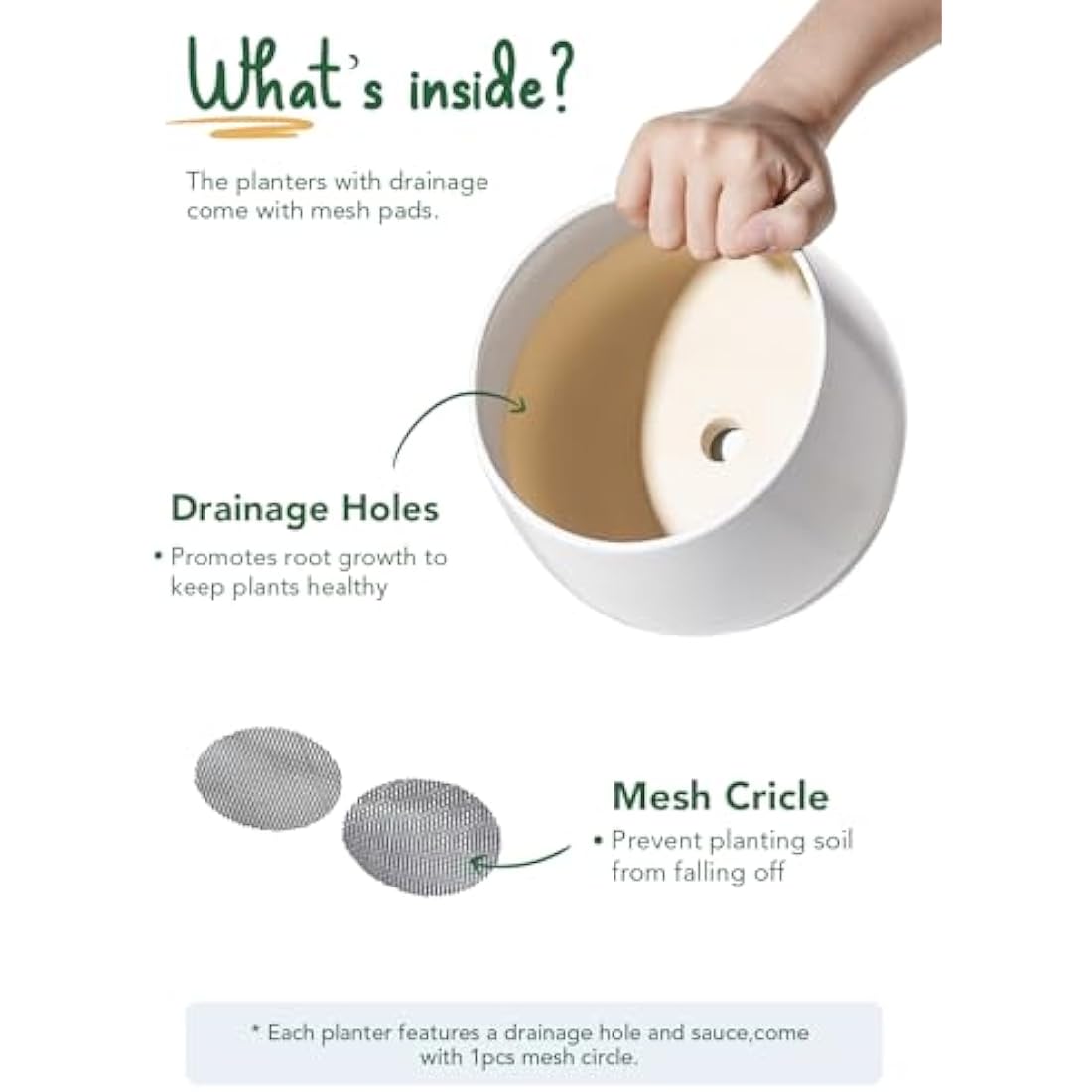 LE TAUCI Plant Pots, 10+13+16 cm Planters, Set of 3 Ceramic Planters with Drainage Hole and Saucer, Indoor Plant Pot with Hole Mesh Pad, Gifts for Mom, White