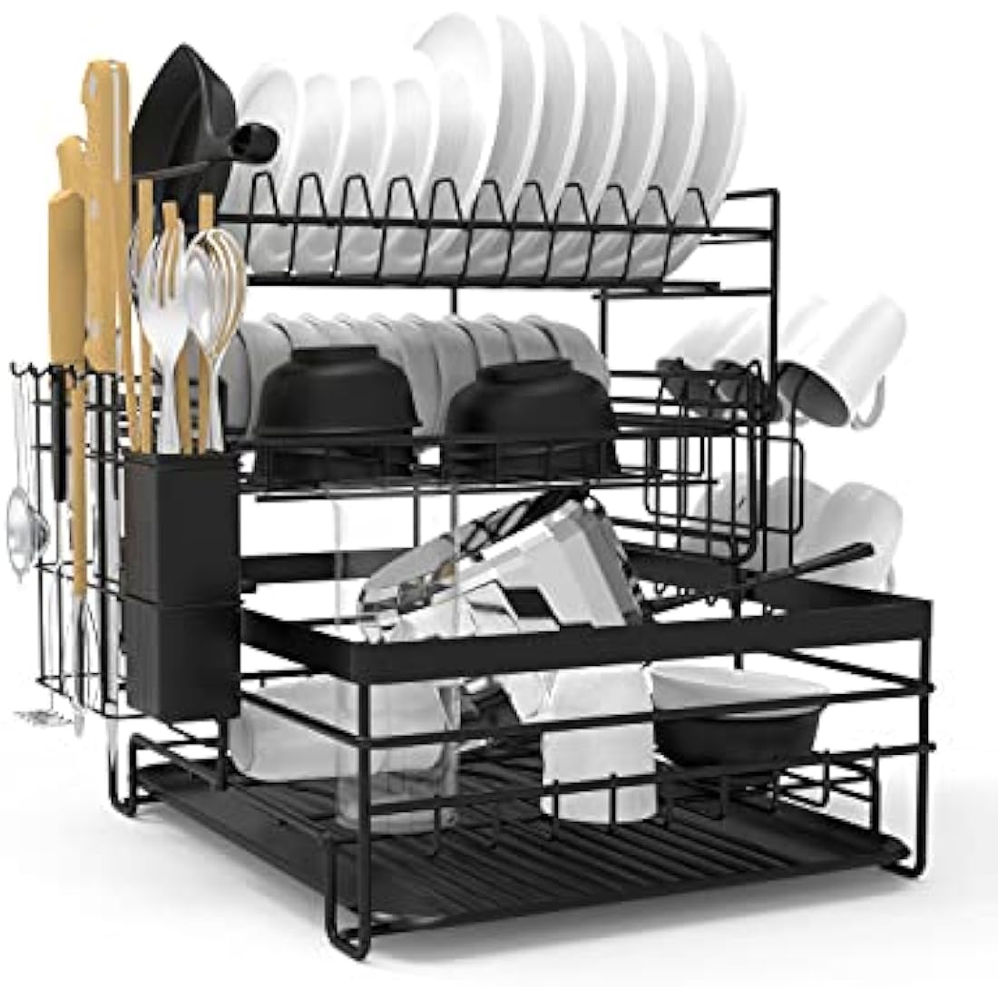 TONGKTAI Dish Drainer Rack, 3 Tier Drain Board Rack with Drip Tray, Detachable Stainless Steel Dish Drying Rack for Kitchen Countertop or Sink, Black