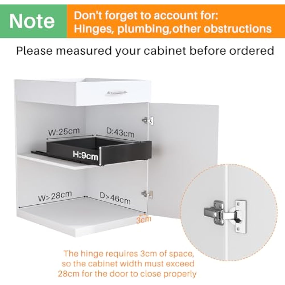 SAYZH Pull Out Cabinet Organiser, Heavy Duty Slide Out Drawer Storage Shelves for Kitchen Cupboard, Extendable Sliding Drawer(43 CM Depth x 25 CM Width x 9CM Height), No Need Drill(Black)