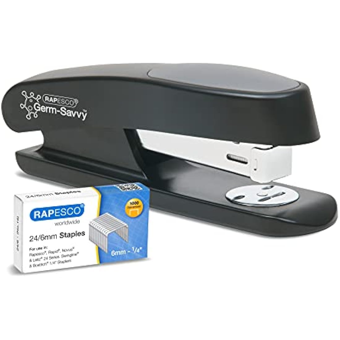 Rapesco 1482 ECO Sting Ray Stapler and 1000 x 24/6 mm Staples, 20 Sheet Capacity, Antibacterial Protection, Black