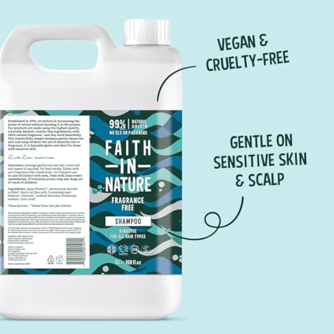 Faith In Nature Natural Fragrance Free Shampoo, Sensitive, Vegan and Cruelty Free, No SLS or Parabens, For All Hair Type, 5L Refill Pack