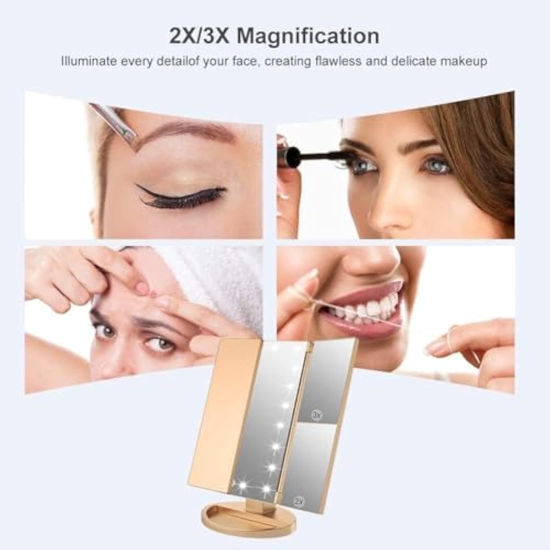 WEILY Tri-Fold Makeup Mirror with 2X/3X Magnifying 21 LEDs, 2 Power Supply Mode, Touch Switch Tabletop Cosmetic Mirror (Gold)