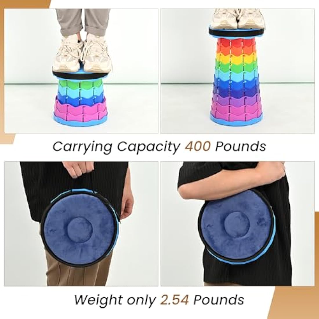 FXKS 2 Pack Portable Telescop Stool with Cushion,Retractable Folding Stool Max Load Capacity 400lbs, Lightweight Collapsible Stools for Fishing Camping Hiking Outdoor BBQ -Rainbow