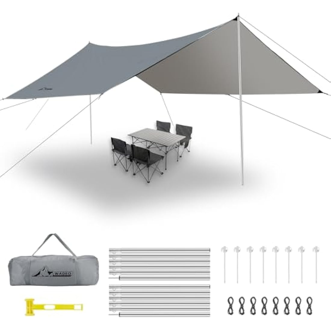 WADEO Large 12x16FT Camping Tarp, Waterproof Tarp with Heavy-Duty Fabric & Poles, Hammock Tent For Camping, Hiking, Comes with Luminous Pegs & Hammer, Easy to Set Up (Grey)