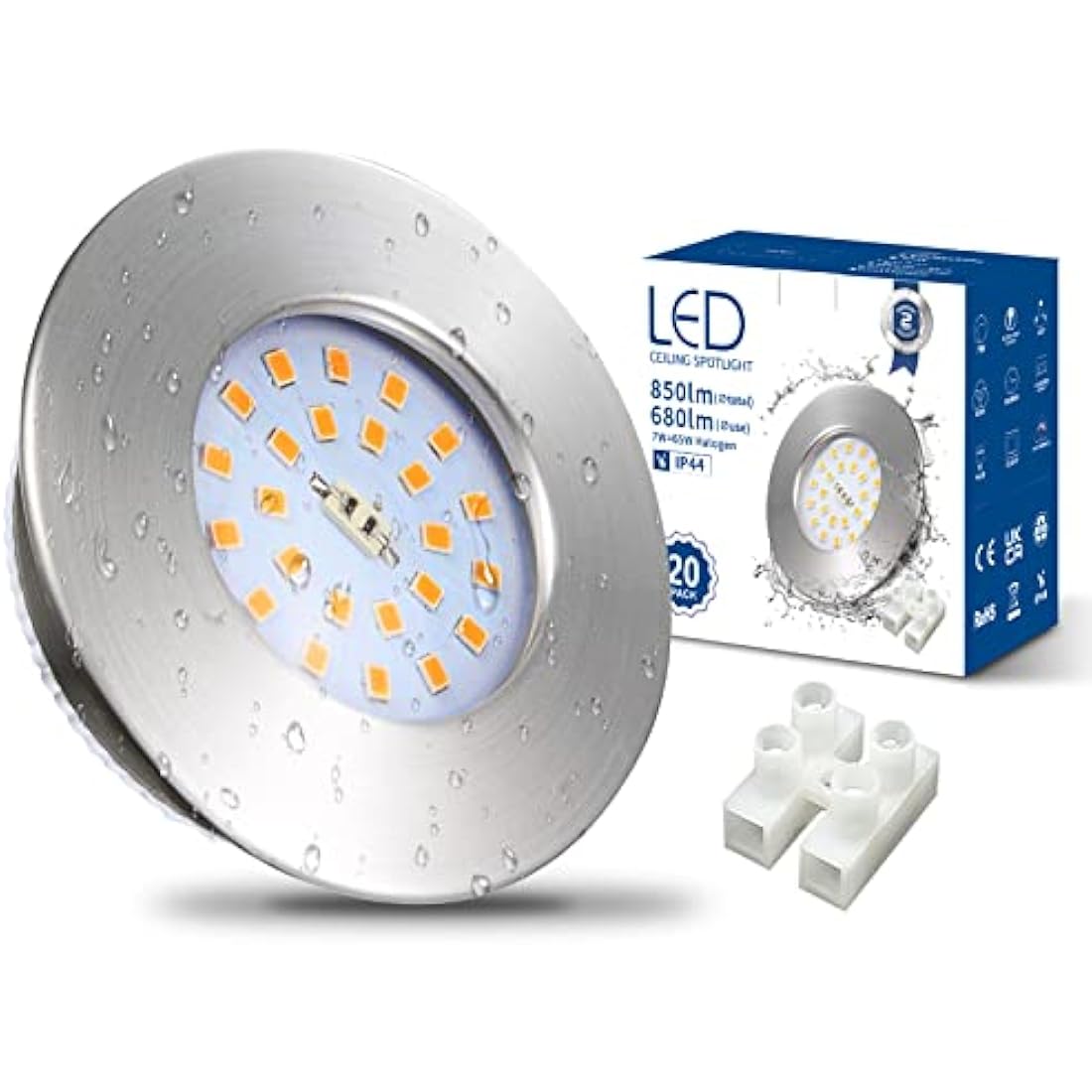 HiBay 20x 7W Recessed Ceiling Lights Ultra Thin IP44 Spotlight Brushed Chrome Down Light Warm White LED Downlight 68mm Ceiling Hole for Bathroom Kitchen Outdoor Soffits