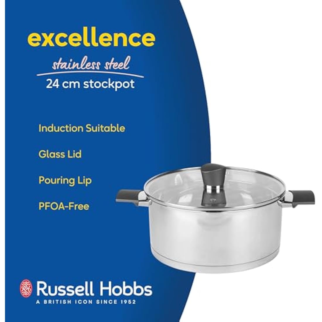 Russell Hobbs RH01168EU7 Excellence 24 cm Stockpot – Stainless Steel Cooking Pot, Glass Lid, Induction Suitable, Pouring Lip, Mirror Polished, PFOA-Free, 4.8L Capacity, Ideal for Soups and Stews