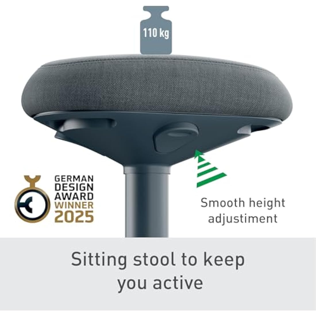 Leitz Ergo Active Sitting Stool with Unique Dual Density Foam Comfort Cushion, Height Adjustable 47 to 64cm, 100% Post Consumer Recycled Seat Cover, Supports 110kg, Ergo Range, Dark Grey, 65440089