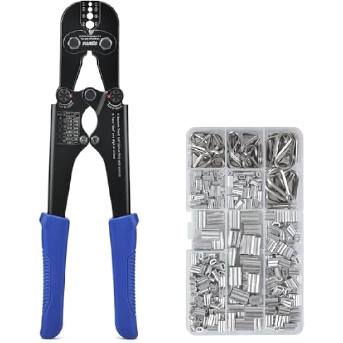 iCrimp Wire Rope Crimping Tool Kit with 330 Loop Sleeves and 45 Stainless Steel Thimbles, Built-in Cable Cutter, Heavy Duty Swager for Fishing, Cable Railing, Decking, and Outdoor Use