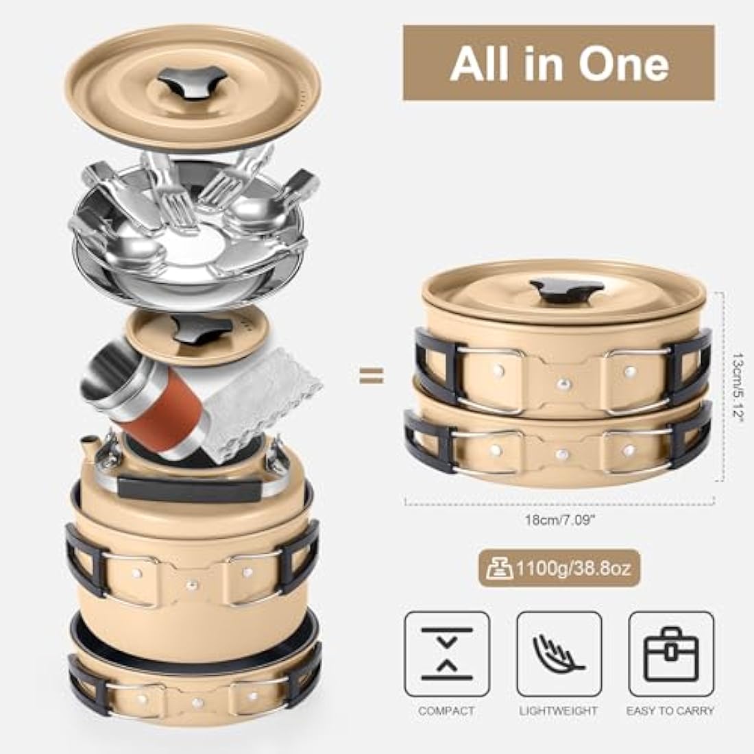 Odoland Camping Cookware Set Non-Stick Pot and Pan Set with Kettle, Stainless Steel Utensils Mess Kit, Cups Plates Knives Spoons Forks for Outdoor Cooking