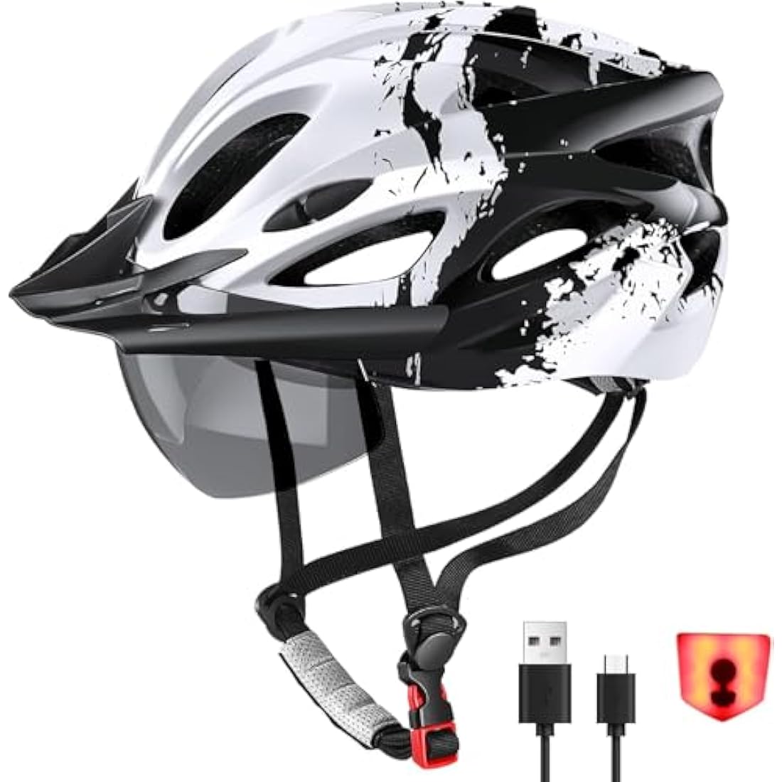 RaMokey Bike Helmet for Men and Women, Lightweight Cycle Helmet with LED Light Magnetic Goggle Sun Visor, Mountain & Road Bicycle Helmets for Adult Cycling Adjustable Size 57-62cm