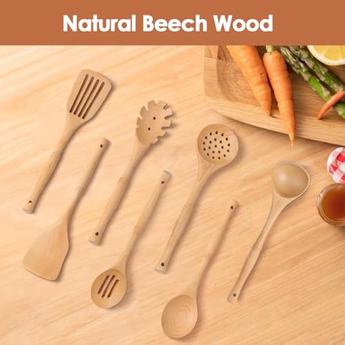 comfoyar Wooden Spoons for Cooking, 7 Pieces Kitchen Cooking Utensils Set with Spatula and Ladle, Heat Resistant Kitchen Cookware for Nonstick Pan-Beech