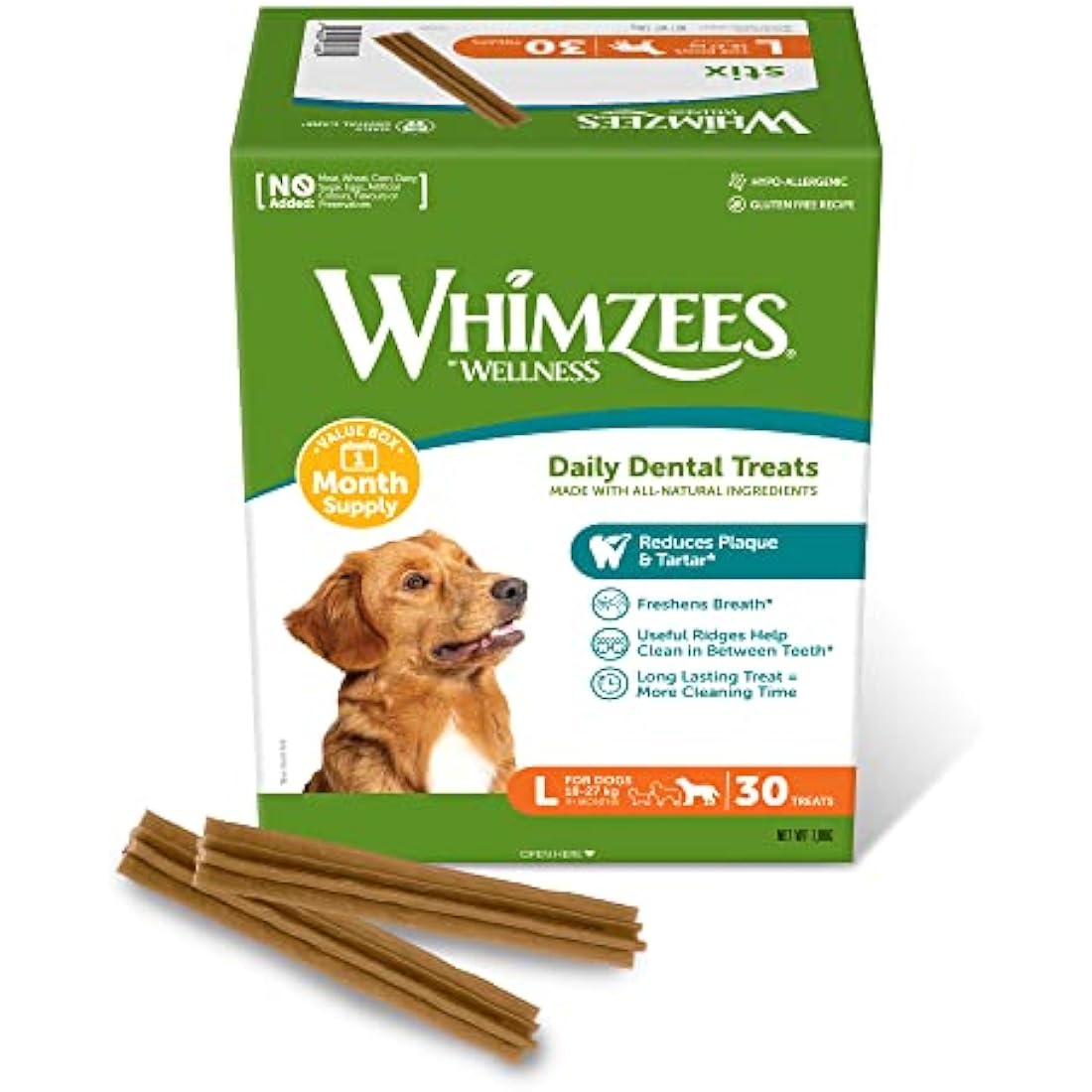 WHIMZEES By Wellness Stix, Dog Dental Sticks, 30 Pieces (1 Month Supply), Size L, Dog Chews for Large Breeds, Natural, Grain-Free, Rawhide-Free, Vegetarian