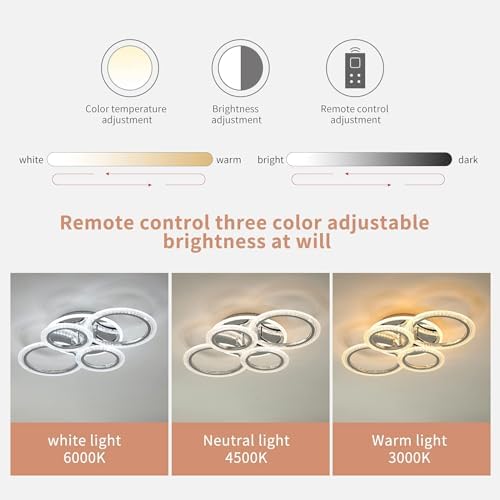 Qcyuui 58W Dimmable LED Ceiling Light, Modern 4-Ring Acrylic Flush Mount Chandelier for Living Room, Bedroom, Dining Room, Chrome Finish