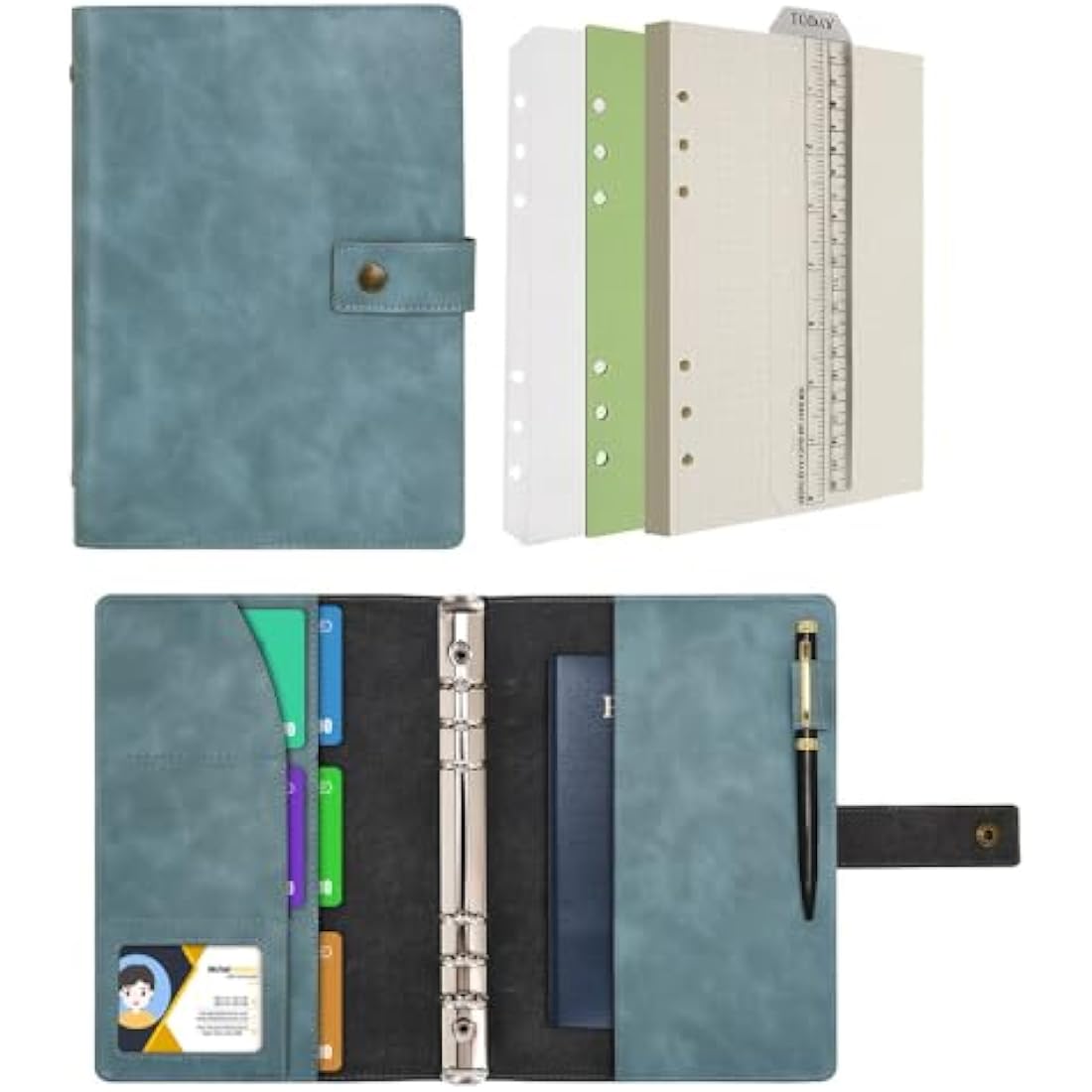 WONDERPOOL Leather Diary Refillable Notebook Spiral Journal Binder Portfolio - A5 Dot Grid Paper & Inner Pockets for Travel Work and Personal Organizer (Lake Blue, A5)