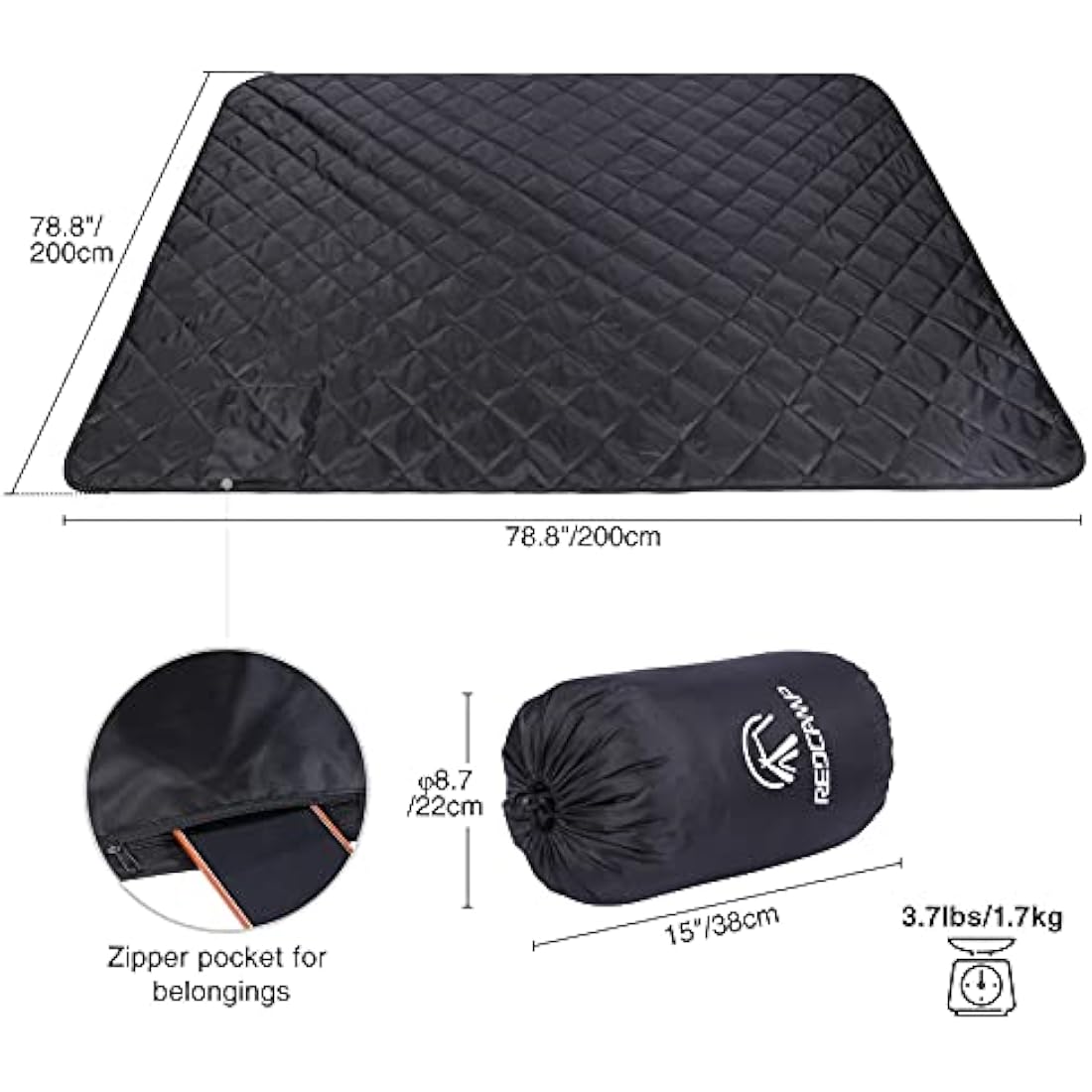 REDCAMP Large Waterproof Camping Blanket Thermal with Sherpa Lining, 200x200 cm Windproof Outdoor Blanket for Cold Weather Winter Stadium Travel Sports,Washable Black