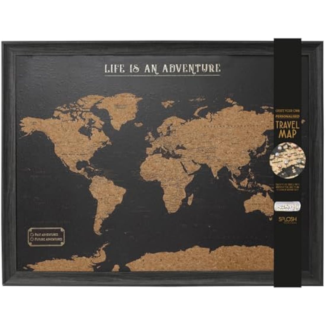 Splosh Large Maps. World Map Pin Board in Black, Wooden Frame. World Map Cork Board with 100 Pins in 2 Colours to Mark Your Past and Future Adventures. Framed World Maps for Wall. (Black)