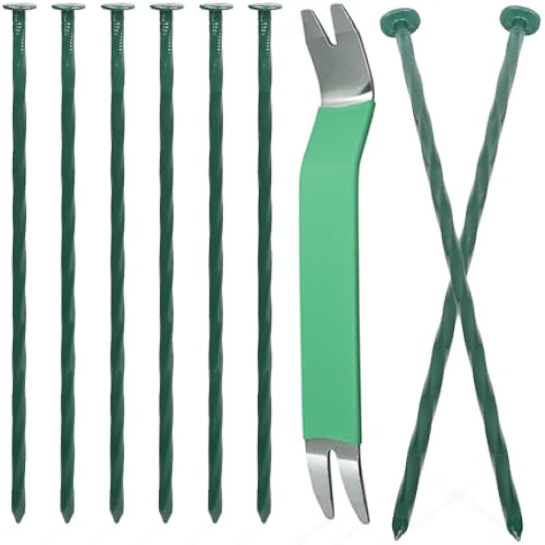 Bakulyor 100 Pack Metal Landscape Stakes, 8 Inch Artificial Grass Spikes, 6 Gauge Large Landscaping Staples, Green Edging Anchor Stake for Garden Ground Grass Lawn Paver Timber Border Weed Barrier 8"