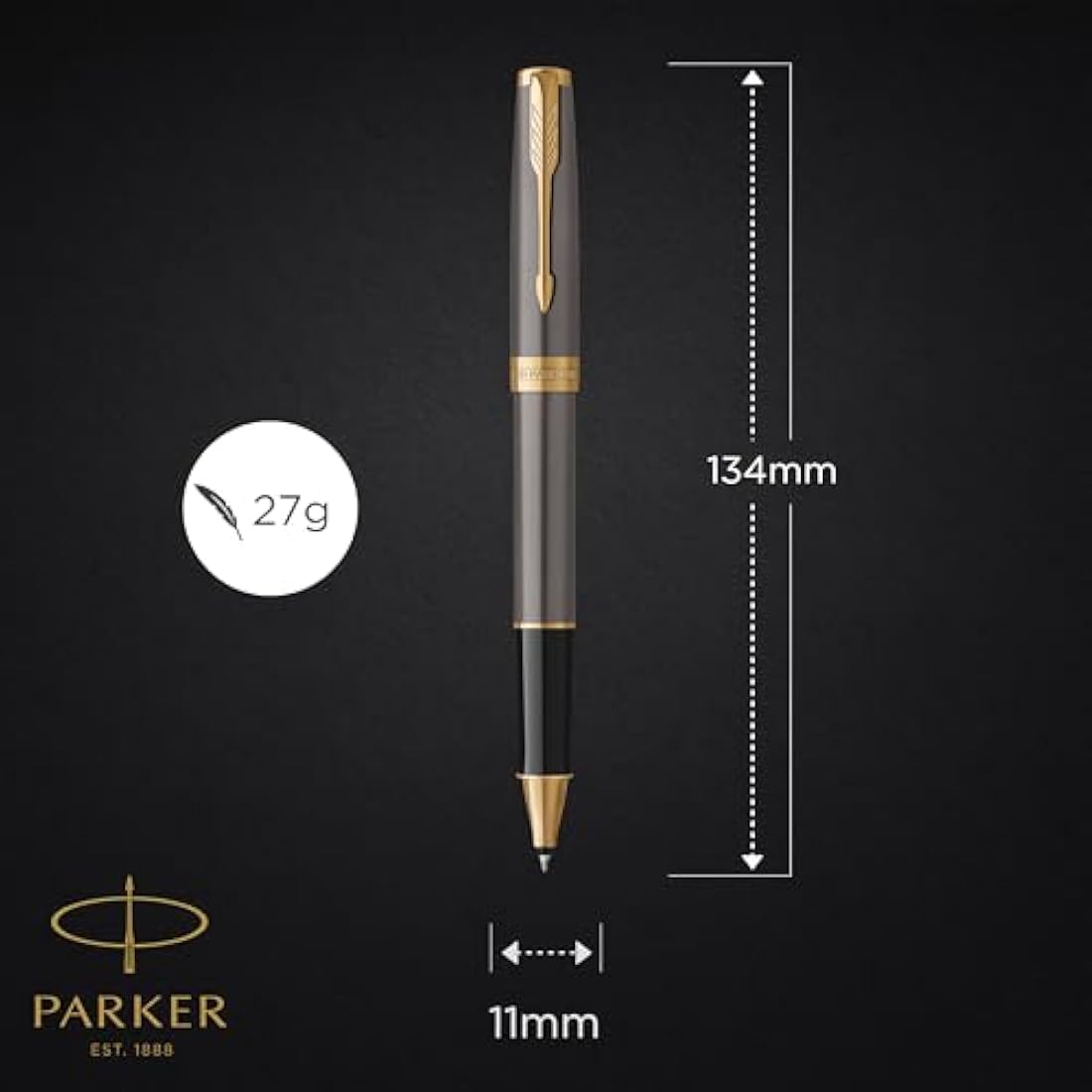 PARKER Sonnet Rollerball Pen | Grey Lacquer with Gold Trims | Fine Stainless Steel Point | Black Ink Refill | Gift Box | Perfect Graduation Gifts