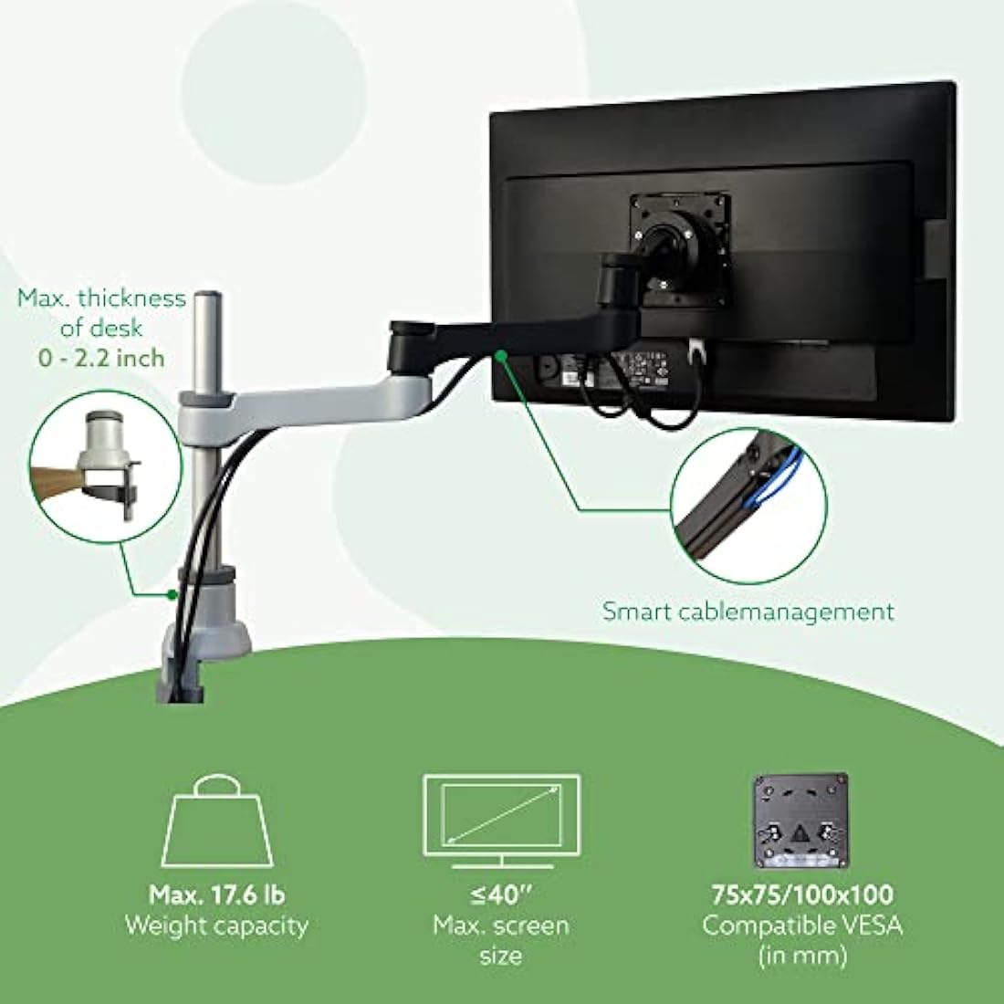 R-Go Tools Zepher 4 C2, Single monitor arm, Adjustable Vesa(75x75 and 100x100mm) Mount Desk Stand with Clamp, Fits 40’’Inch LCD Computer Monitors, Weigh max 8KG, Matte silver