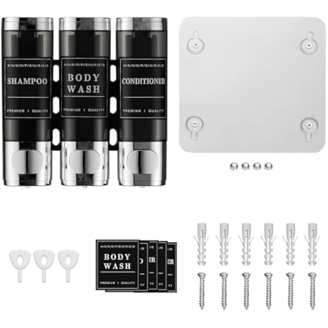 Unisense 3 Chamber Wall-Mounted Shampoo and Conditioner Dispenser for Shower - No Drill, Large Capacity, Chrome