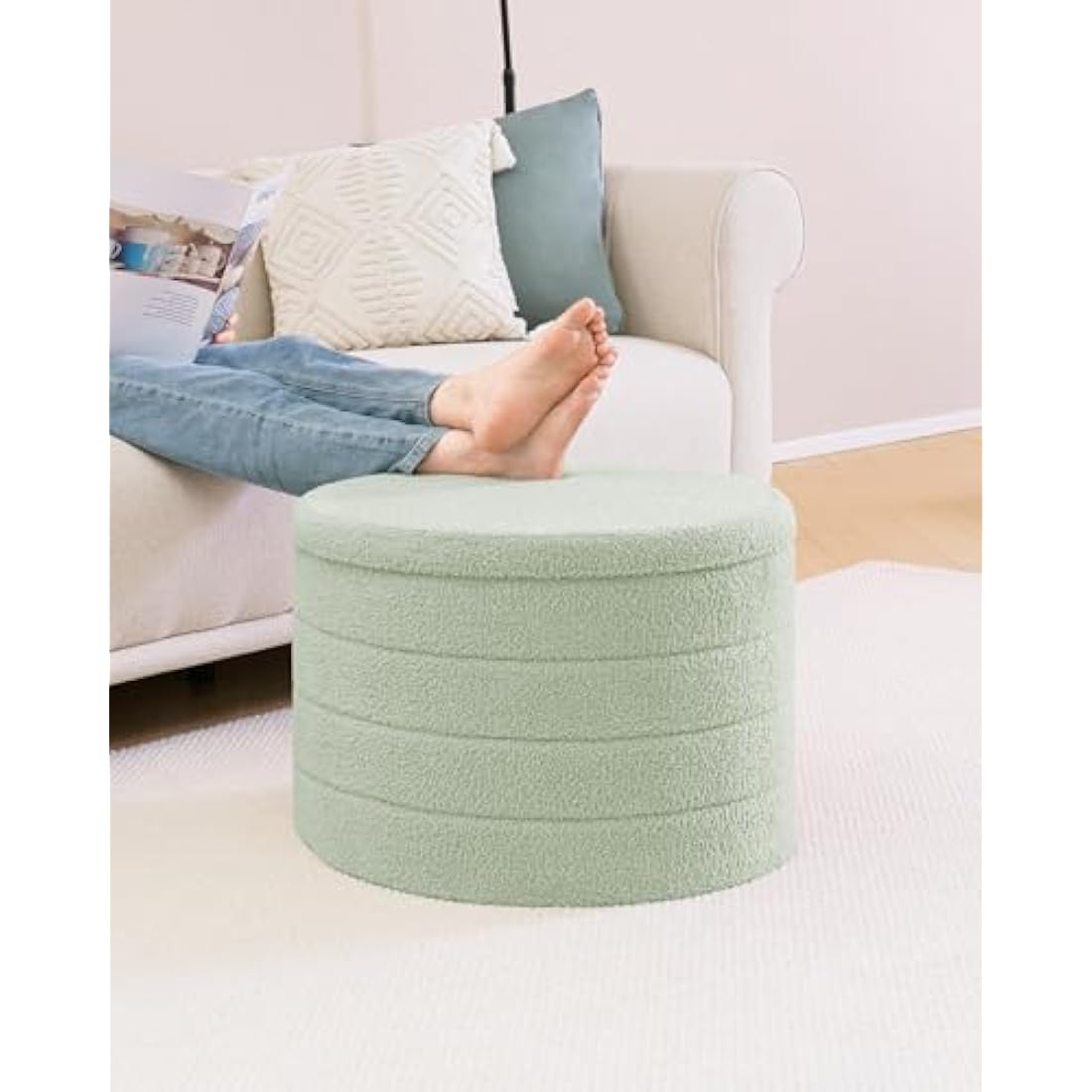 Bonlife Extra Large Folding Round Ottoman with Storage,Boucle Ottoman Stool, Footstool Seat Coffee Table,Toy Box Storage,Footrest Stool for Living Room,Bedroom,Green,56x56x40cm