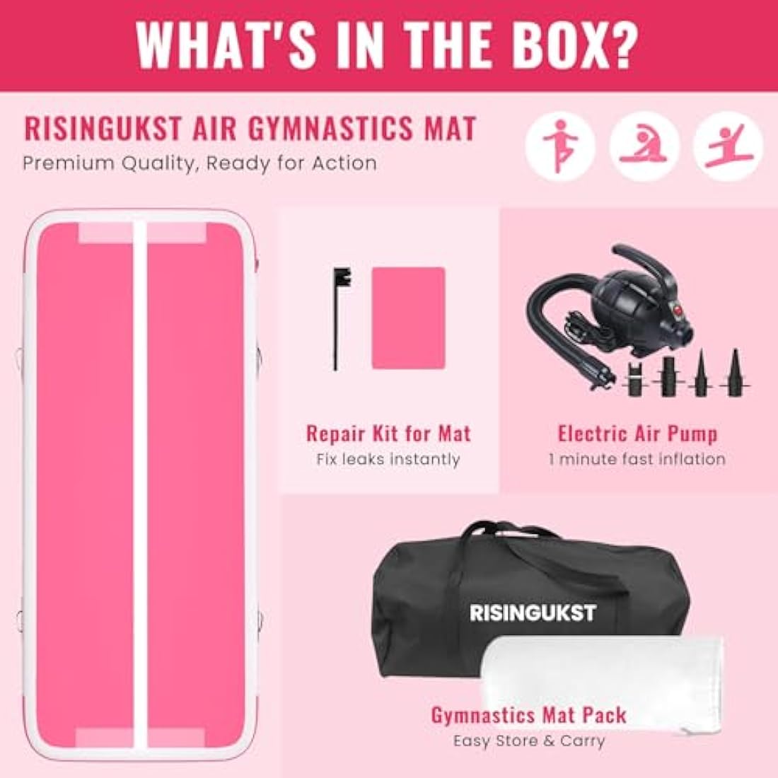 RISINGUKST Air Gymnastics Track Tumbling Mat Inflatable, 6.6ft 10ft 13ft 16ft 20ft Training Mats 4/8 Inch Thickness, Air Roller Air Barrel