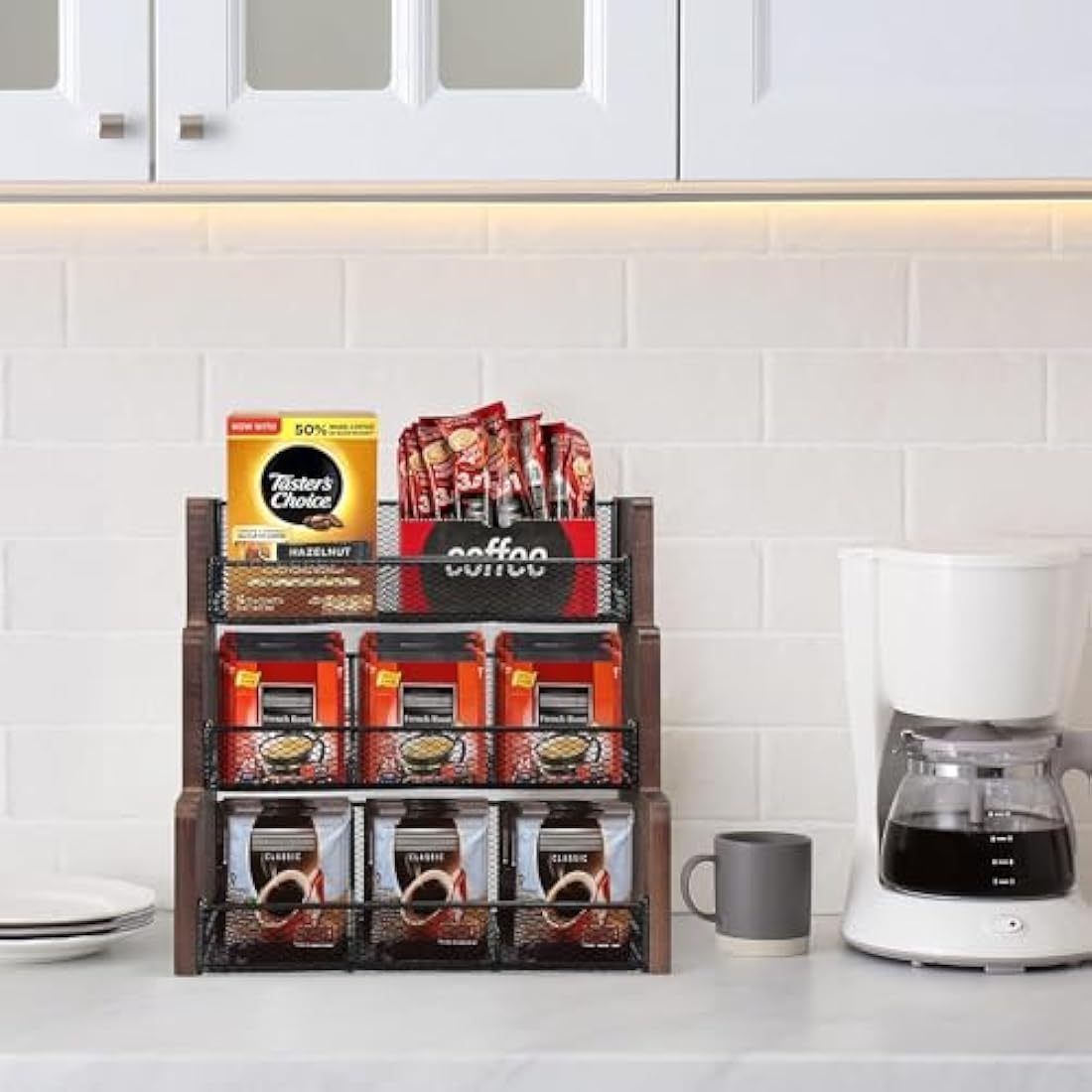 THYGIFTREE 3 Tier Tea Bag Holder, Tea Bag Storage, Solid Wood Tea Bag Organizer Box for Kitchen, Office, Countertop,Sugar Packets, Creamers Holder(Black)