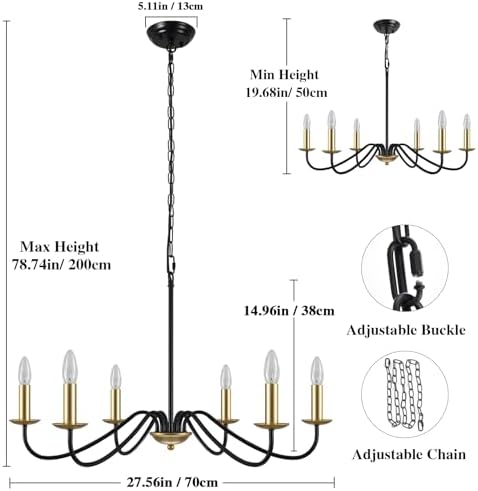 MRHYSWD Black and Gold Chandelier Lighting, 6 Lights Metal Pendant Light Fixtures Industrial Chandeliers Ceiling Light for Living Room Kitchen Dining Room Bedroom Hall, Height Adjustment